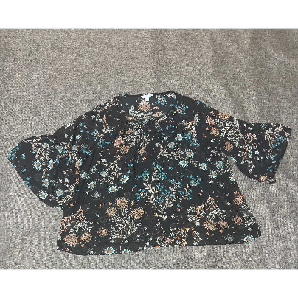 Boutique+ Women 1X Blouse Floral Bell Sleeve Tie Neck Black